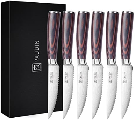 PAUDIN Steak Knives Set of 6, Kitchen Steak Knife 4.5 Inch, High Carbon Stainless Steel Steak Knives, Serrated Steak Knife with Pakkawood Handle, Dinner Knives with Gift Box
