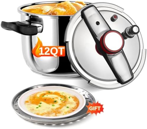 Pressure Cooker 12 QT, Stainess Steel Pressure Canner 12 Quart, Explosion-Proof Cookware, Rotating Lock/Unlock Lid, One-handed lid opening, Thickened Silicone Ring And Anti-scald Handle, Silver