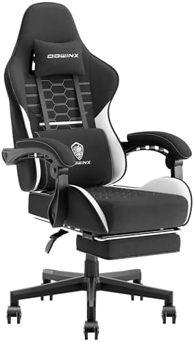 Dowinx Gaming Chair Fabric with Pocket Spring Cushion, Massage Game Chair Cloth with Headrest, Ergonomic Computer Chair with Footrest 290LBS, Black White