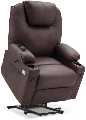 MCombo Large Power Lift Recliner Chair with Massage and Heat for Tall Elderly People, 3 Positions, Cup Holders, and USB Ports, Faux Leather 7516 (Large, Light Brown)