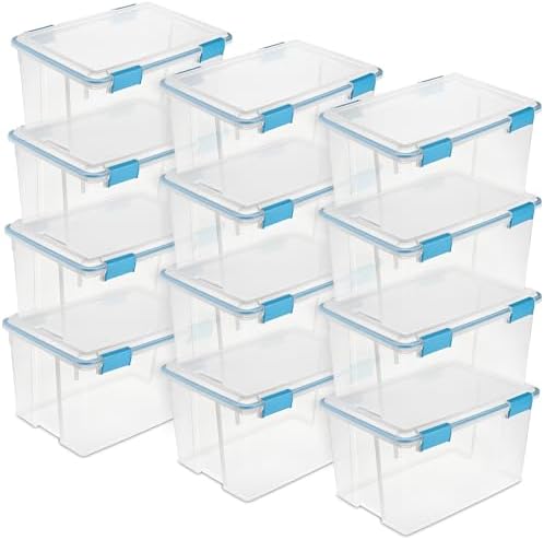 Sterilite 12-Pack Gasket Box, Weather-Resistant Storage Bins with Latching Lids, 54 Quart - Heavy-Duty Organizing Containers for Closet, Bathroom, and Office