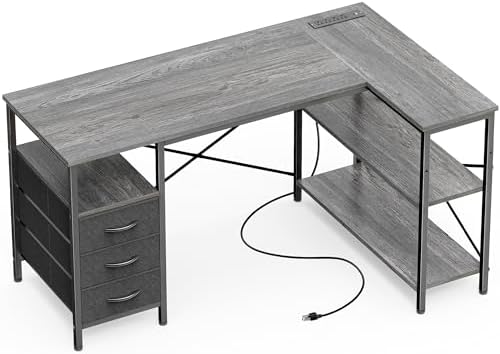 Huuger L Shaped Office Desk with Power Outlets, 47 Inch Computer Desk with 3 Drawers, Shelves, for Gaming, Corner Work, Home Office, Study, Grey