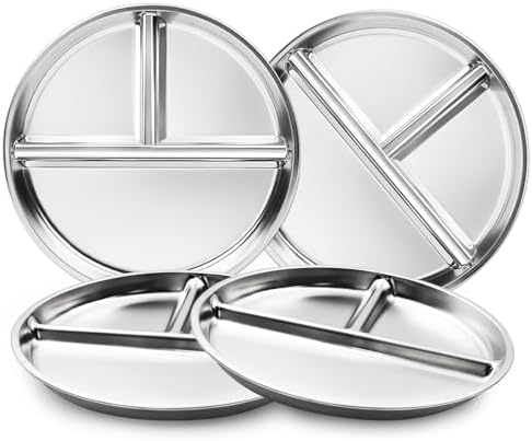 Stainless Steel Kids Plates Set of 4, 9" Portion Control Plates Divided Plate for Adults Toddlers Balance Lunch, Bariatric & Diabetic Diet, Non Toxic Camping Metal Snack Plate for Eating