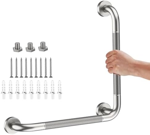 Angled Grab Bar 16x16 Inch Stainless Steel Knurled Toilet Handles Wall Mounted Bathroom Handicap Safety Rails for Elderly Injured Balance Support, L-Shaped Brushed Nickel Grab Bar for Shower