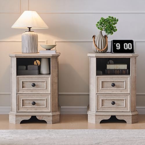 T4TREAM Farmhouse Nightstand Set of 2 with Charging Station, 18" End Table with 2 Drawers, Wood Side Table, Bedside Cabinet for Bedroom, Living Room (Light Rustic Oak)