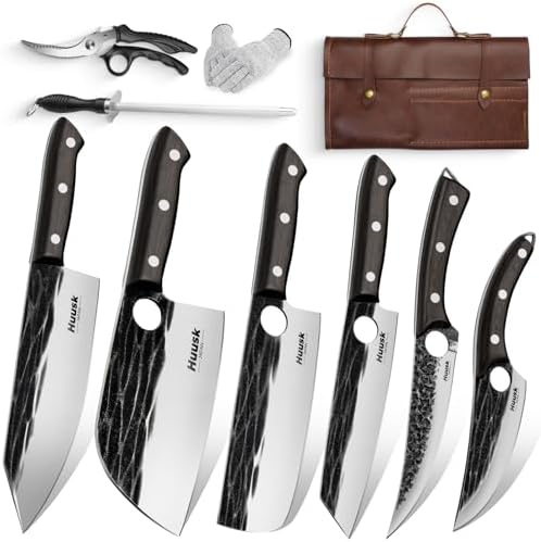 Huusk Knives Set, Serbian Chef Knife Set with Bag, Japanese Kitchen Knives Set, Hand Forged High Carbon Steel Knife Set, Full Tang Knives with Ebony Handle, Butcher Knife Set for Dad, Gif for Men