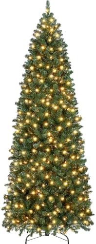 Yaheetech 9ft Pre-lit Artificial Christmas Tree with 500 Warm Lights Hinged Spruce Pencil with Foldable Stand Holiday Decoration Slim Tree, Green