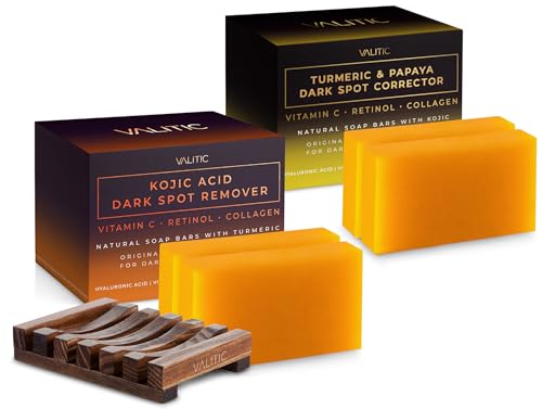 VALITIC Papaya and Turmeric Kojic Acid Soap Bar - Dark Spot Corrector Skin Care Cleansing Bar - Infused with Vitamin C, Hyaluronic Acid - Papaya 2 Pack, Kojic 2 Pack, Holder