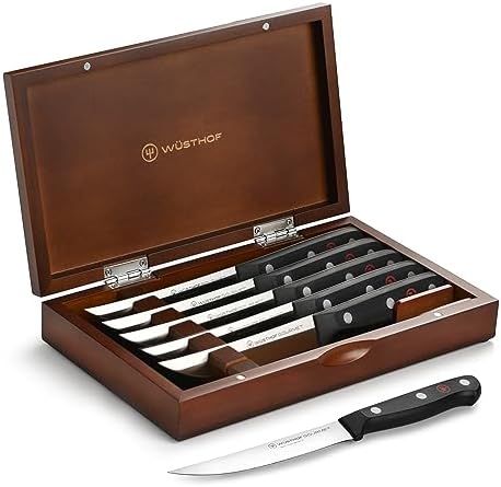 Wusthof Gourmet 6 Piece Steak Knife Set with Wood Case (Black Handles)