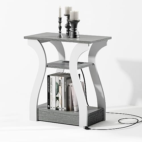 End Tables Living Room, Grey End Table with Charging Station, Grey Side Table, Nightstand for Bedroom, 3 Tier End Table with Storage Shelf for Living Room