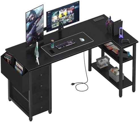 Lufeiya L Shaped Gaming Desk with Drawers & Storage Shelves, 55 Inch Corner Computer Desk with Power Outlet for Home Office Bedroom, L-Shaped Teen PC Desks with Fabric Drawer, Black