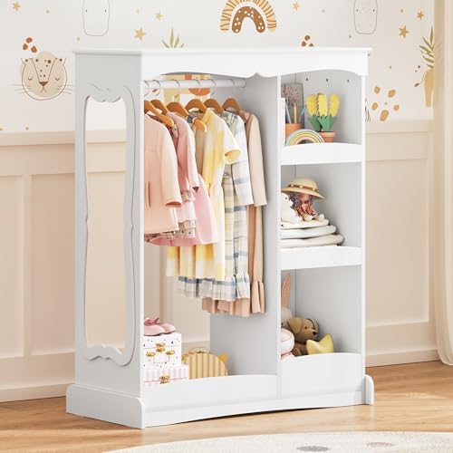 Curipeer Kids Dress Up Storage with Flower Mirror, Open Hanging Closet Wardrobe for Children, Kids Armoire & Costume Organizer for Bedroom Playroom Preschools Classroom, White