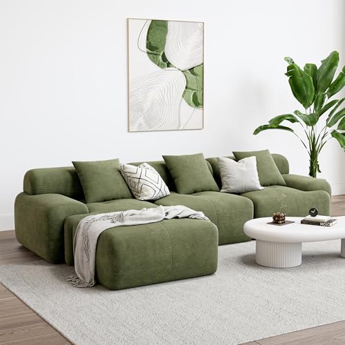 LIKIMIO 118" Modern L-Shaped Modular Sectional Sofa for Living Room, Corduroy Upholstery Green, Oversized 3-Seater Couch with Deep Seat and Movable Ottoman β No Assembly