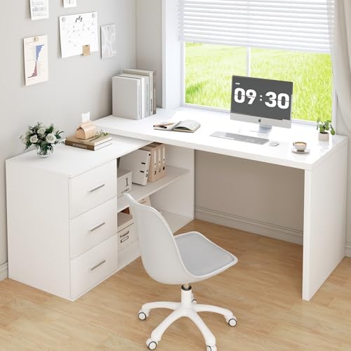 HSH White L-Shaped Computer Desk with 3 Drawers and 2 Shelves, Reversible Home Office Corner Desk for Writing Study Work Executive, 55 Inch Bedroom Wood Table Workstation Desk with Storage Cabinet