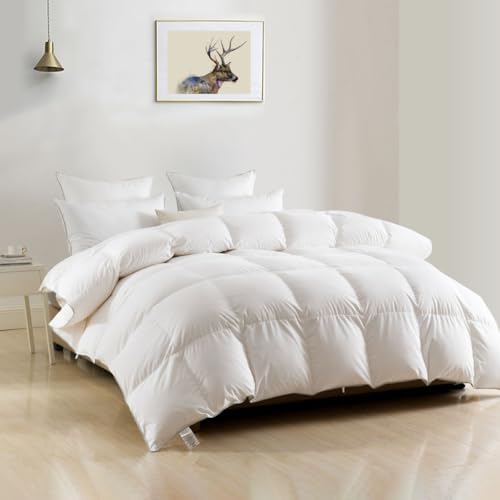 DWR Luxury Oversized King Down Feather Fibers Comforter, Soft Cotton Blend Cover, High Fill Power Medium Weight, Fluffy Down Feather Fibers Duvet Insert with Ties (120x98 Inches, White)