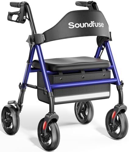 Rollator Walkers with Seat for Seniors, Foldable 8" Big Wheels All Terrain Rolling Walker, Handles and Ergonomic Seat Height Adjustable, 350 lb