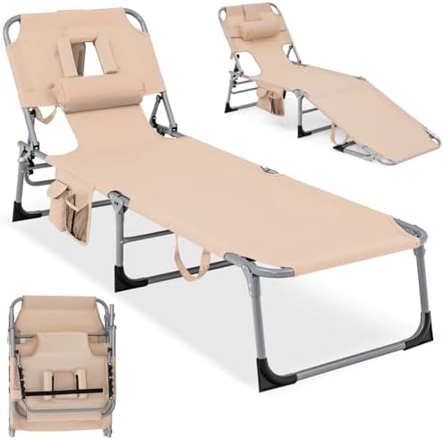 COSTWAY Folding Beach Lounge Chair, Tanning Chair with Face Hole, 5-Position Adjustable Backrest, Pillow & Side Pocket, Foldable Chaise Lounge Chair Outdoor for Sunbathing, Camping (1, Beige)