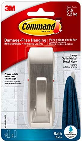 Command Modern Reflections Large Metal Bath Hook, Satin Nickel, 1-Hook with Water-Resistant Strips, Organize Damage-Free