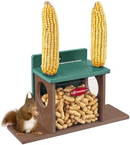 Kingsyard Squirrel Feeder Box for Outside, Recycled Plastic Squirrel Feeder Box with Corn Cob Holders, Easy to Refill & Clean, Weather-Proof Roof (Green)