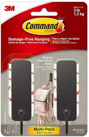 Command Medium Matte Black Wall Hooks, 2 Hooks and 4 Command Strips, Damage Free Hanging Wall Hooks with Adhesive Strips, No Tools Coat Hooks for Hanging Home Decor, Holds up to 3 lb