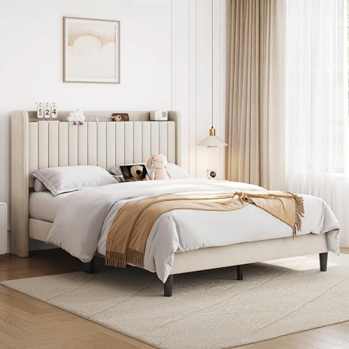 Yaheetech Queen Bed Frame with USB Charging Station and Storage Shelf/Upholstered Headboard Platform Bed with Wing Side/Wooden Slats Support/Noise Free/No Box Spring Needed/Easy Assembly, Ivory