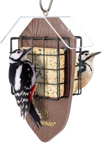 Kingsyard Double Suet Feeder for Outdoors Hanging, Recycled Plastic Tail-Prop Suet Bird Feeders with Rainproof Roof, Great for Woodpecker Chickadee Nuthatch (Brown)