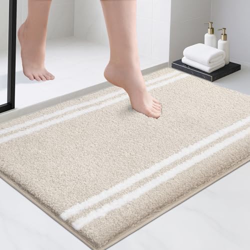 PURRUGS Non-Slip Bathroom Rug 24" x 36" - Super Absorbent & Quick Dry Shaggy Microfiber Bath Mat, Machine Washable Plush Throw Rug for Bathtub, Shower and Sink, Beige