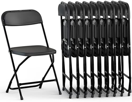 10 PACK White Foldable Plastic Chair | Folding & Stackable | 350 lbs Capacity Steel Frame Seats for Indoor Outdoor | Commercial Use Events Wedding Party Events Bulk Picnic Kitchen Dining