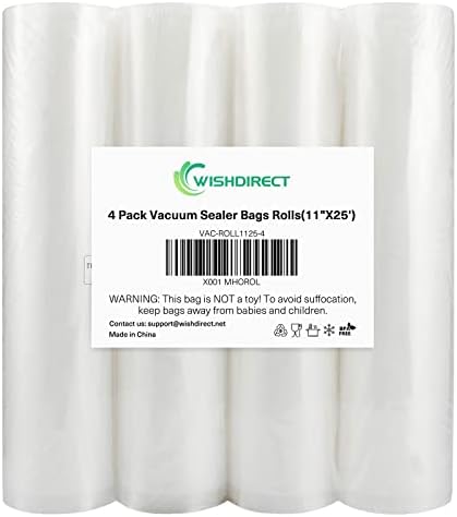 Vacuum Sealer Bags Rolls Compatible with FoodSaver 4-Pack 11" x 25' Vacuum Seal Rolls Fit Inside Machine Double-Side Embossed BPA-Free Bags for Sous Vide or Food Storage (Total 100 Feet)