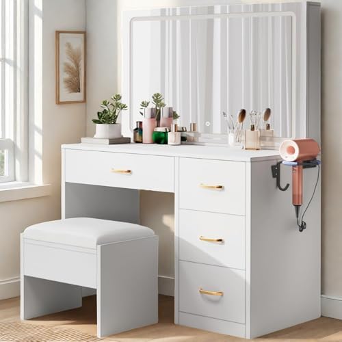 DWVO Makeup Vanity with Large Mirror and LED Lights, Vanity Desk Set with Power Outlet & Chair & 3 Lighting Colors, 4 Drawers, Dressing Table Stool Set for Dressing Room, Pearl White