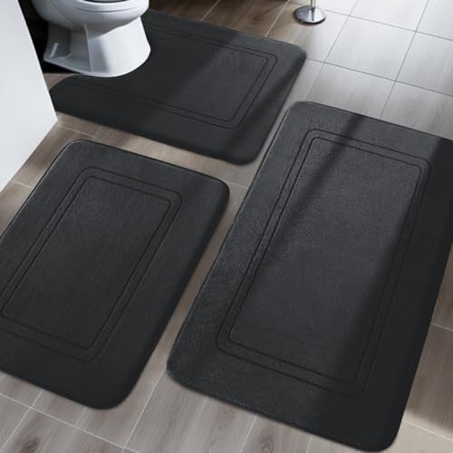 YIHOUSE Memory Foam Bath Mat Set, Non Slip Bath Mats for Bathroom, Super Soft and Water Absorbent, Machine Washable U Shape Toilet Mats, Black