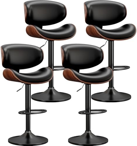 Bar Stools Set of 4, Bentwood Adjustable Height Swivel Bar Stools, PU Leather Upholstered Bar Chair with Back and Footrest for Bar, Kitchen, Dining Room, Black