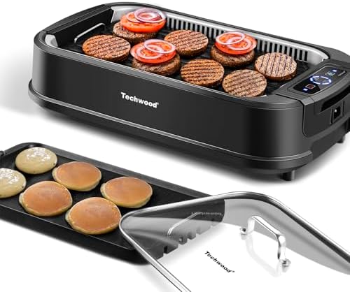 Indoor Smokeless Grill, Techwood 1500W Electric Indoor Grill with Tempered Glass Lid, Portable Non-stick BBQ Korean Grill, Turbo Smoke Extractor Technology, Drip Tray& Double Removable Plate, Black