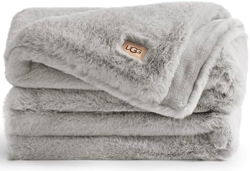 UGG Plush Faux Fur Throw Blanket Reversible Medium Weight Luxury Soft Throw Blankets for Bed or Chair, Hypoallergenic, Machine Washable, Home Decor, 50-inch x 70-inch, Seal Light Grey (Euphoria)