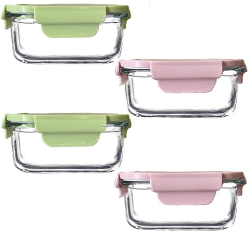 Square Glass Food storage Containers with Airtight Lids, 2 cup Food Meal Prep Containers, Glass Lunch Containers, Leak-Proof Tupperware Sets, Dishwasher Microwave Freezer Safe-pink+green
