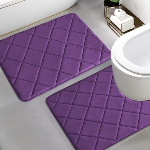 YIHOUSE Memory Foam Bathroom Rugs Set, Ultra Soft Bath Mats for Bathroom Floor Set of 2, Bath Rug with Toilet Rugs U Shaped for Bath Room, Shower, Purple