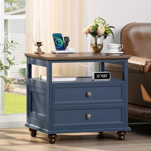 Farmhouse Nightstand with Charging Station, 24" Wide End Table with 2 Drawers, Blue Dresser for Bedroom, Bed Side Table Chest of Drawers Cabinet,Wood Night Stand for Living Room, Closet