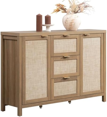 SICOTAS Rattan Sideboard Buffet Cabinet with Storage - 52" Larger Farmhouse Credenza Storage Coffee Bar Cabinet with 3 Drawers & 2 Doors, Boho Console Table for Living Room, Kitchen, Caramel Oak