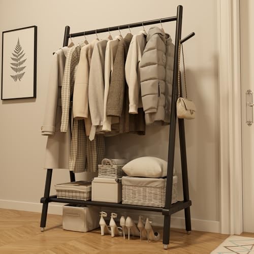 Solid Wood Clothing Rack, Rolling Clothes Rack for Hanging Clothes, Garment Rack with Shelves Load 350 Lbs, Portable Closet Organizer on Wheels for Hanging Clothes (Black)