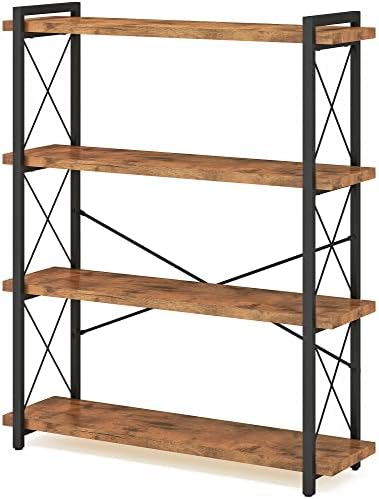 HCHQHS Bookshelf, 4-Tier Industrial Bookcase, Rustic Open Book Shelf, Freestanding Tall Bookshelves with Metal Frame