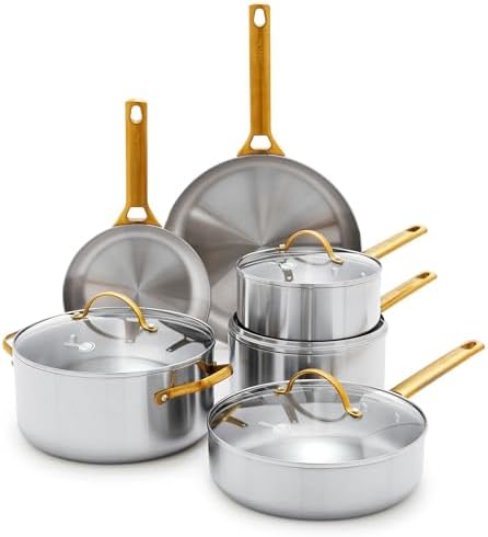 GreenPan Stainless Steel Tri-Ply Reserve 10 Piece Cookware Pots and Pans Set, Multiclad, PFAS-Free, Induction, Oven & Broiler Safe to 600°F, Heat Responsive Core, Dishwasher Safe, Glass Lids