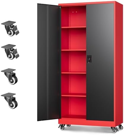 Letaya Metal Garage Storage Cabinets with Lock Door and Adjustable Shelves, Steel Tool Cabinets for Home,Office,Warehouse Organisieren (Black Red, 75" H)
