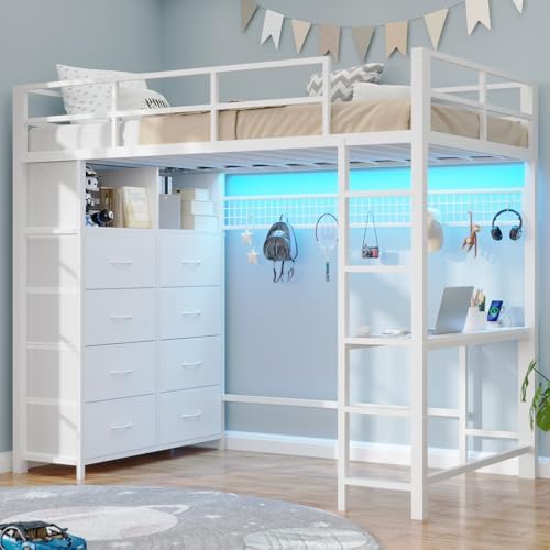 BTHFST Twin Loft Bed with Desk & 8 Storage Drawers Tall Dresser, White Metal Loft Bed with LED Lights & Charging Station, 2-Tier Storage Shelves, Stable & Sturdy, Noise Free, White