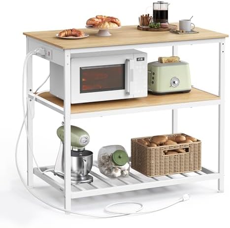 VASAGLE Kitchen Island with 3 Shelves, Kitchen Shelf with Power Strip, 23.6 x 39.4. x 34.9 Inches, Large Worktop, Steel Structure, Industrial, Easy to Assemble, Oak Color and White UKKI105Y01