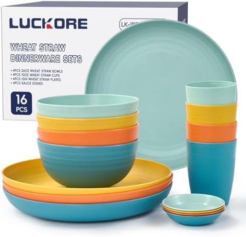 Wheat Straw Dinnerware Sets 16 PCS - Unbreakable Reusable Dinnerware Dishes Dessert Plates, Cereal Bowls, Drinking Cups, Sauce Dishes, Microwave Dishwasher Safe Plates Bowls Sets for Kitchen