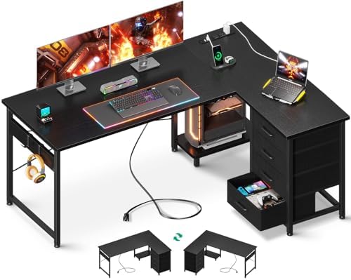 AODK L Shaped Gaming Desk with 4 Drawers, 53" Reversible Home Office Desks with Power Outlets, L Shaped Computer Desk with USB Charging Port and Host Stand, Corner Desk, Easy to Assemble, Black