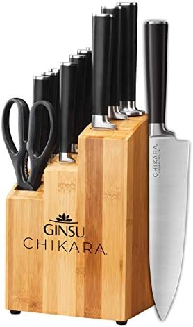 GINSU Chikara Series 12-Piece Japanese Kitchen Knife Set - Premium 420J Stainless Steel Cutlery Set with Bamboo Block, Perfect for Any Table or Dining Room, Includes Steak Knives – Black