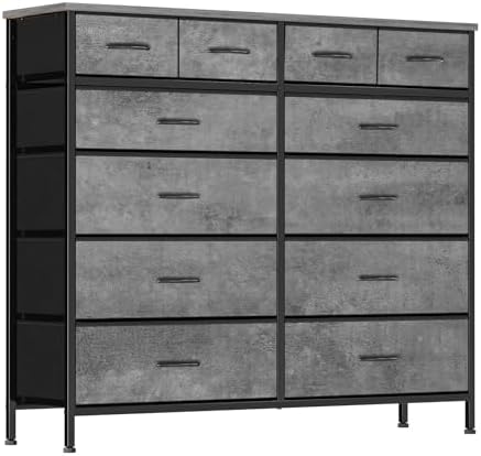 Gray Dresser for Bedroom with 12 Deep Drawers, Wide Chest of Drawers, 55" Wood Top TV Stand, Tall Fabric Storage Cabinet for Closet, Nursery, Kid's Room