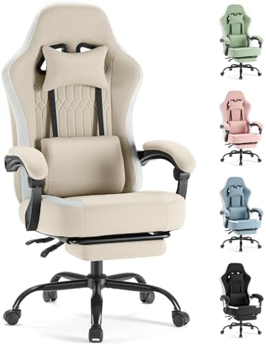 Sweetcrispy Computer Gaming Chair - High Back Ergonomic Desk Chair with Footrest and Lumbar Support, Height Adjustable Task Chair with Linkage Armrests and Headrest, 360° Swivel Wheels, Khaki