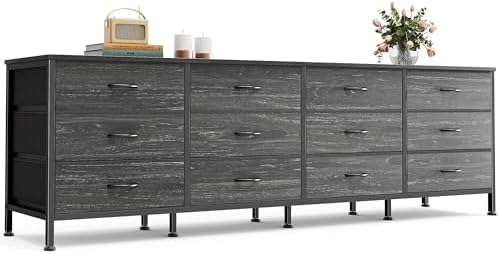 Huuger 70 Inch Dresser for Bedroom, TV Stand for 65, 75, 80 Inch TV,12 Fabric Drawer Long Dresser, Large Storage Organizer Unit, Chest of Drawer for Bedroom, Charcoal Black Wood Grain Print